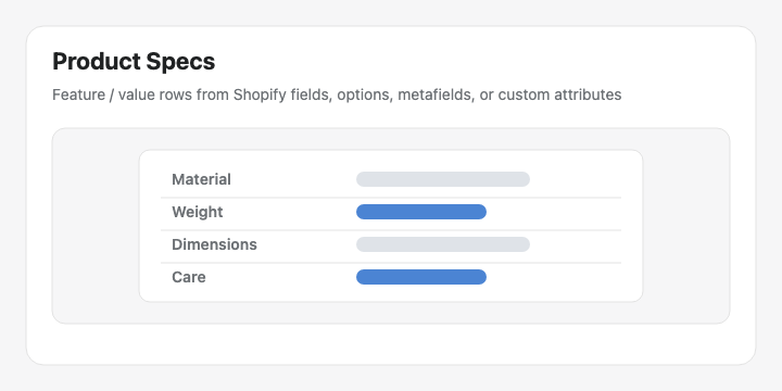 Product Specs example from the app